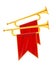 Golden royal horn trumpet with red banner. Musical instrument for king orchestra.