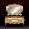 Golden royal mirror and desk, flat style over dark red background
