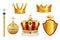 Golden royal symbols. Crown with jewels for knight monarch antique trumpet medieval headgear vector realistic