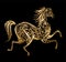 Golden running horse made by floral elements on black background