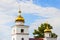 Golden russian church top scenic countryside blue sky