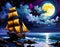 Golden Sails: A Ship Near Rocky Shoreline Under a Clear Moonlit Sky, Generative AI