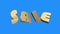 Golden SALE word gathering from letters parts spin animation on blue screen background - new quality unique financial