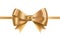 Golden satin ribbons decorated with bow. Posh decorative design element. Beautiful glossy silk decoration for holiday