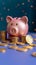 Golden savings Coins deposited into a pink piggy bank