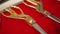 Golden scissors on a red pillow close-up, scissors for official opening