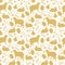 golden seamless easter pattern with lamb, bunny, eggs, baby chicken, and floral elements