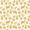 golden seamless pattern with Easter, Holy Week, Good Friday related icons: cross with palm leaf, crown of thorns, bell, lamb,