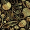 Golden seamless vector pattern of psilocybin mushrooms. Beautiful wallpaper of hallucinogenic mushrooms in golden colors