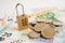 Golden security digital password lock key and coins with with Euro banknotes on graph, trade finance concept