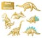 Golden set with cartoon skeletons of dinosaurs. Vector illustration