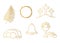 golden set of Easter related icons: palm leaf, crown of thornes, mount Calvary, Jesus tomb, bell, holy communion chalice and bread