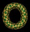 Golden shining metallic 3D with green glass symbol capital letter O - uppercase isolated on black.
