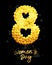 Golden shining number 8 consisting of small golden shimmering hearts. Festive banner for International Women\\\'s Day