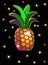 Golden shiny Pineapple. Color image of Pineapple with glitter on a black background. Bright fashionable summer print.