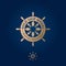 Golden ship wheel logo. Restaurant emblem. Nautical wheel, forks and spoons.