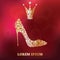 Golden shoe and crown with abstract floral decor on luxury red blurred background
