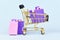 Golden shopping cart filled with pink and purple paper shopping bags