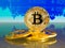 Golden and silver bitcoin on blue abstract finance background. Bitcoin cryptocurrency.