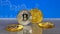 Golden and silver bitcoin on blue abstract finance background. Bitcoin cryptocurrency.