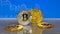 Golden and silver bitcoin on blue abstract finance background. Bitcoin cryptocurrency.