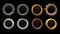 Golden, silver, bronze, copper and rusty metal circle frames, vector game assets. Rusty metal circle frames and gold rings, GUI or
