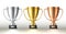 Golden silver bronze cups. Different prize places awards, realistic metal goblets, winners trophies for first second and