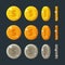 Golden, silver and bronze flat cartoon coins rotation for web or game interface. Vector illustration isolated on dark