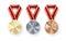 Golden Silver and Bronze medals with laurel hanging on red ribbon. Set of Awards. Award symbol of victory and success. Vector