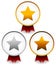 Golden, silver, bronze star badges with ribbons. Award, prize, c