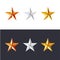 Golden, silver and bronze stars set. Game achievements and awards. 3d style vector. Rank icons.