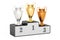 Golden, silver and bronze trophy cups on black pedestal, 3D rend