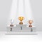 Golden and silver and bronze trophy cups stand on award podium realistic style