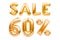 Golden sixty percent sale sign made of inflatable balloons isolated on white. Helium balloons, gold foil numbers. Sale