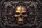 a golden skull surrounded by gears and metal
