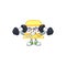 Golden slot machine mascot icon on fitness exercise trying barbells