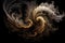 Golden smoking tornado spiral illustration on black background