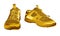 Golden sneakers white background isolated closeup, gold metal sport shoes, luxury running gumshoes, yellow metallic fitness boots