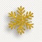 Golden snowflake with bright glitter on transparent background. Christmas decoration.