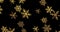 Golden snowflakes on a black background, 3d render. Seamless loop.
