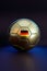 Golden soccer ball on dark background, 3d rendering, sports background, soccer competition, world cup, Football championship light