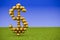 Golden Soccer balls forming a Dollar sign on grass and blue sky background. Big Business