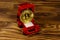 Golden souvenir coin bitcoin in car-shaped gift box for jewelry on wooden background
