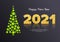 Golden sparkling numbers 2021 with reflection and shadow on dark background. Holiday gift card Happy New Year with shiny