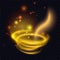 Golden spiral swirl of fire, glitter and wave trail with magic glowing light effect