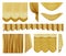 Golden stage curtains. Realistic interior luxury gold velvet curtains, gold royal silk decorative elements vector