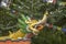 A Golden statue of a Buddhist Tibetan dragon on the background of a green forest and multicolored prayer flags