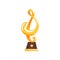 Golden statue of treble clef on brown base. Music award trophy in cartoon flat design. Musical note