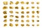 Golden stones set on white background isolated close up, gold nuggets collection, yellow metal rocks samples texture, gold mine