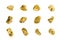Golden stones set on white background isolated close up, gold nuggets collection, yellow metal rocks samples texture, gold mine